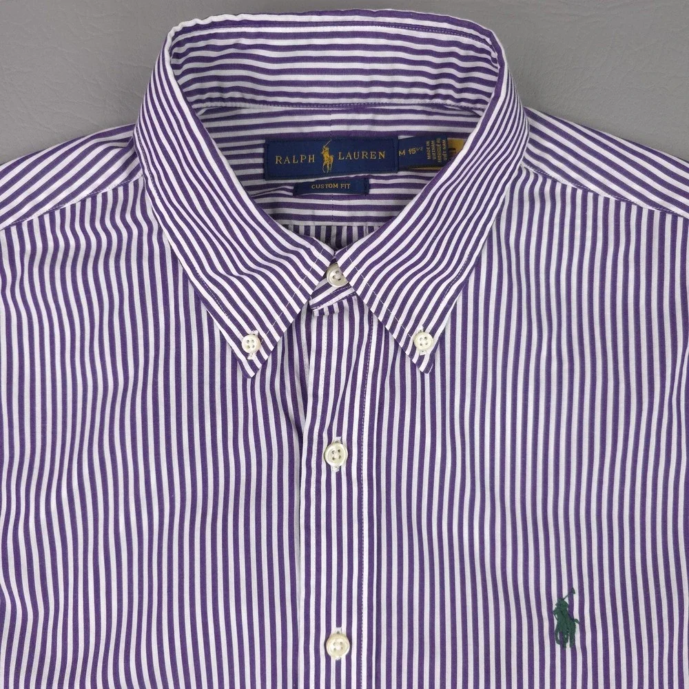 Ralph Lauren Shirt Mens Medium Purple Stripe Custom Fit Long Sleeve Button Down